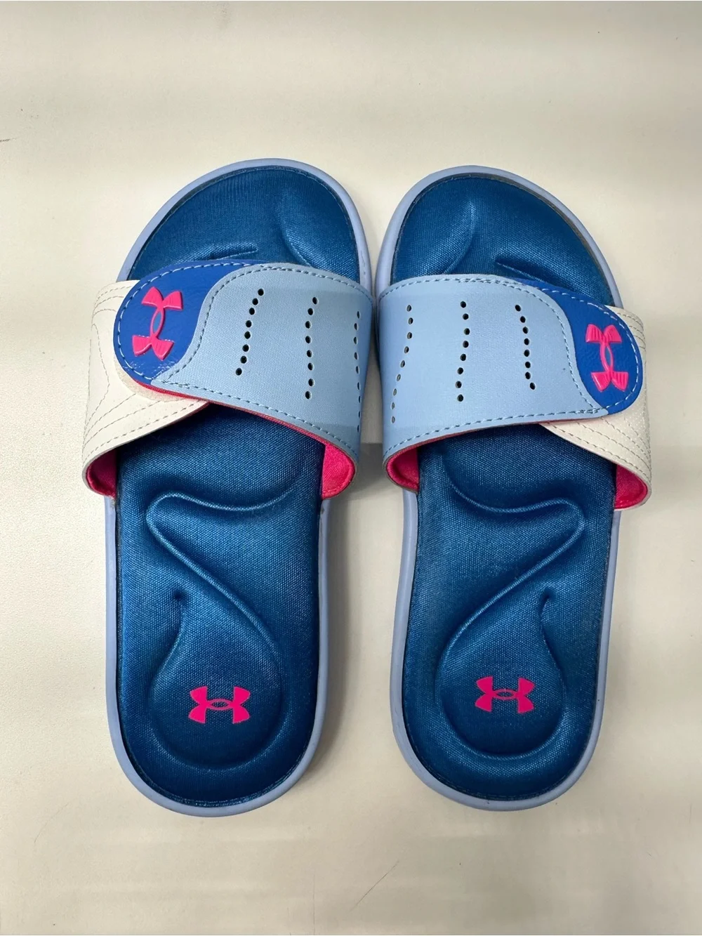 Under Armour Light Blue and Pink Kids' Adjustable Slide Sandals 5Y